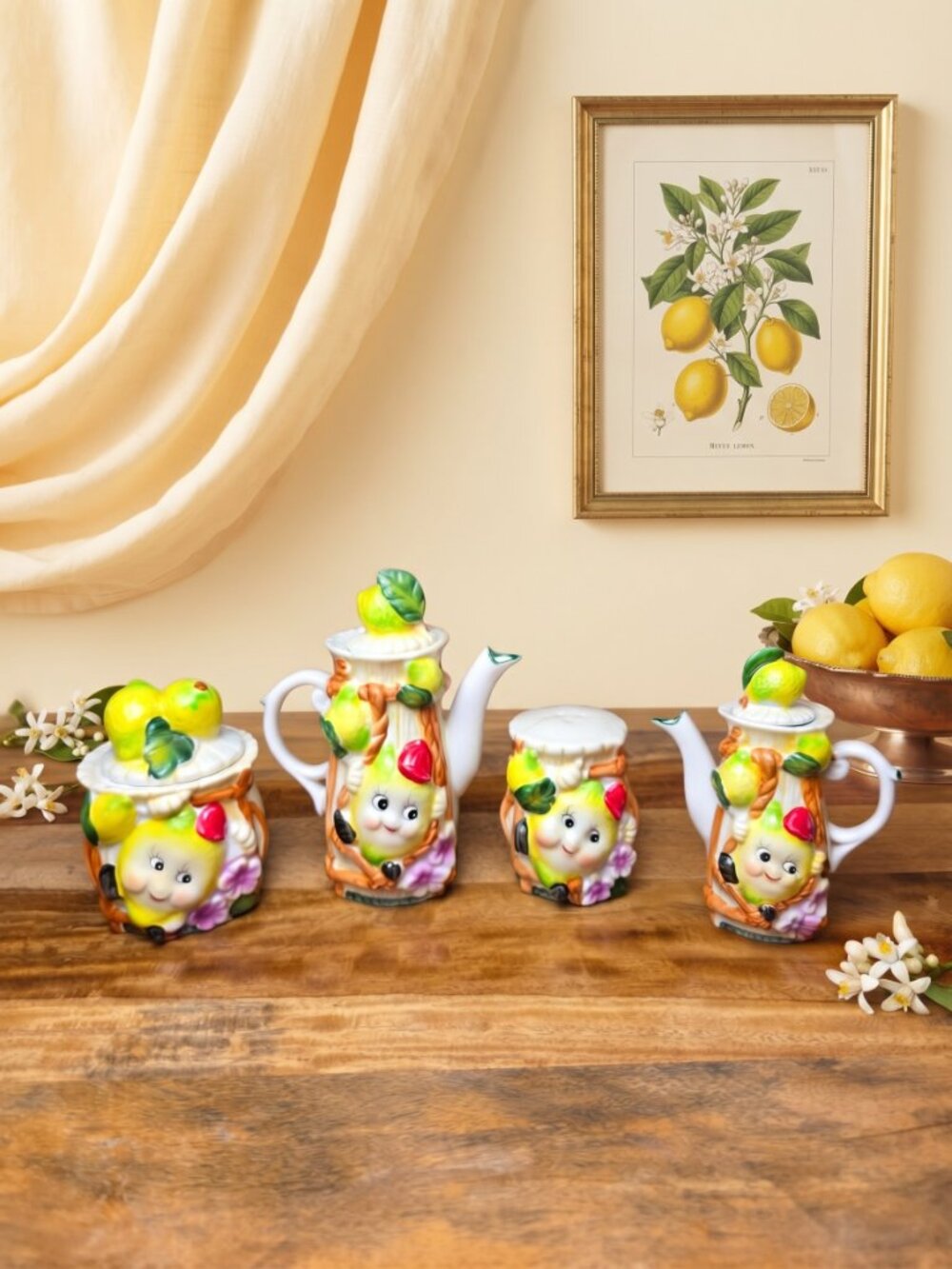 Vintage Ceramic Anthropomorphic Lemon Set of 4